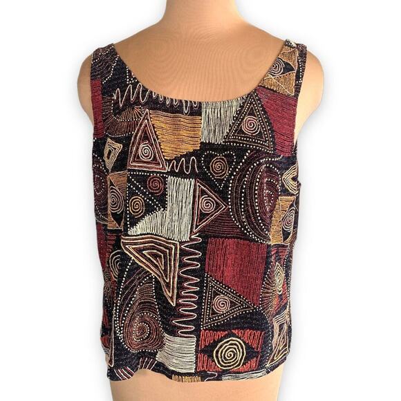 Vintage Beaded Abstract Tribal Art Cardigan Tank Set Burgundy Black Large - Picture 6 of 13